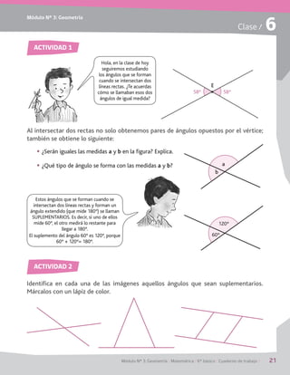 Módulo Nº 3: Geometría
Módulo Nº 3: Geometría / Matemática / 6° básico / Cuaderno de trabajo / 21
Estos ángulos que se forman cuando se
intersectan dos líneas rectas y forman un
ángulo extendido (que mide 180°) se llaman
SUPLEMENTARIOS. Es decir, si uno de ellos
mide 60°, el otro medirá lo restante para
llegar a 180°.
El suplemento del ángulo 60° es 120°, porque
60° + 120°= 180°.
Clase / 6
ACTIVIDAD 1
ACTIVIDAD 2
§§ ¿Serán iguales las medidas a y b en la figura? Explica.
§§ ¿Qué tipo de ángulo se forma con las medidas a y b?
Al intersectar dos rectas no solo obtenemos pares de ángulos opuestos por el vértice;
también se obtiene lo siguiente:
Identifica en cada una de las imágenes aquellos ángulos que sean suplementarios.
Márcalos con un lápiz de color.
E
58º58º
Hola, en la clase de hoy
seguiremos estudiando
los ángulos que se forman
cuando se intersectan dos
líneas rectas. ¿Te acuerdas
cómo se llamaban esos dos
ángulos de igual medida?
a
b
120º
60º
 