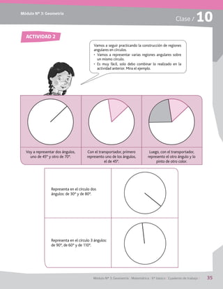 Módulo Nº 3: Geometría
Módulo Nº 3: Geometría / Matemática / 6° básico / Cuaderno de trabajo / 35
Clase / 10
ACTIVIDAD 2
Vamos a seguir practicando la construcción de regiones
angulares en círculos.
•	 Vamos a representar varias regiones angulares sobre
un mismo círculo.
•	 Es muy fácil, solo debo combinar lo realizado en la
actividad anterior. Mira el ejemplo.
Voy a representar dos ángulos,
uno de 45° y otro de 70°.
Con el transportador, primero
represento uno de los ángulos,
el de 45°.
Luego, con el transportador,
represento el otro ángulo y lo
pinto de otro color.
Representa en el círculo dos
ángulos: de 30° y de 80°.
Representa en el círculo 3 ángulos:
de 90°, de 60° y de 110°.
 