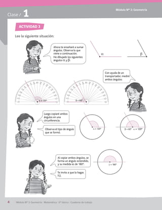 Módulo Nº 3: Geometría
4	 / Módulo Nº 3: Geometría / Matemática / 6° básico / Cuaderno de trabajo
Clase / 1
ACTIVIDAD 3
Lee la siguiente situación:
Ahora te enseñaré a sumar
ángulos. Observa lo que
viene a continuación.
He dibujado los siguientes
ángulos a y b:
Con ayuda de un
transportador, mediré
ambos ángulos:
Luego copiaré ambos
ángulos en una
circunferencia.
Al copiar ambos ángulos, se
forma un ángulo extendido,
y su medida es de 180°.
Observa el tipo de ángulo
que se formó.
Te invito a que lo hagas
TÚ.
a = 120°
g = 180°
ß = 60° a = 120°
a = 120° ß = 60°
a b
 