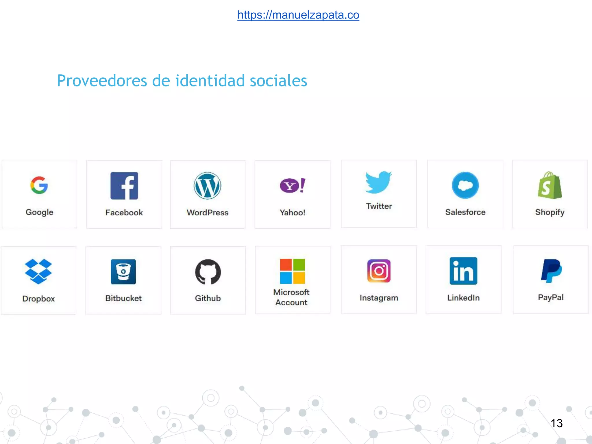 https://manuelzapata.co
13
Proveedores de identidad sociales
 