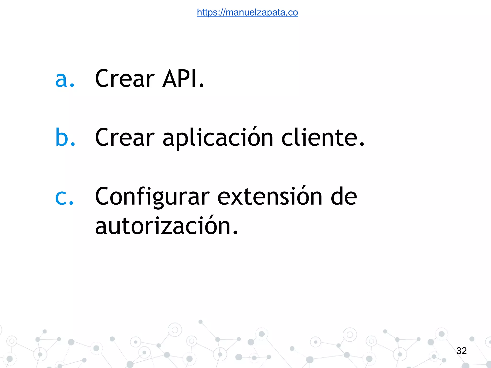 https://manuelzapata.co
32
a. Crear API.
b. Crear aplicación cliente.
c. Configurar extensión de
autorización.
 