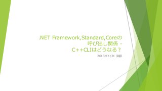 .NET Framework,Standard,Coreの
呼び出し関係 -
C++CLIはどうなる？
2018/11/21 須藤
 