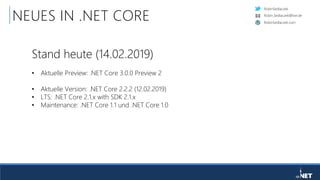 RobinSedlaczek
RobinSedlaczek.com
Robin.Sedlaczek@live.de
NEUES IN .NET CORE
Stand heute (14.02.2019)
• Aktuelle Preview: .NET Core 3.0.0 Preview 2
• Aktuelle Version: .NET Core 2.2.2 (12.02.2019)
• LTS: .NET Core 2.1.x with SDK 2.1.x
• Maintenance: .NET Core 1.1 und .NET Core 1.0
 