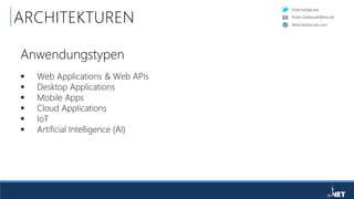 RobinSedlaczek
RobinSedlaczek.com
Robin.Sedlaczek@live.de
ARCHITEKTUREN
Anwendungstypen
 Web Applications & Web APIs
 Desktop Applications
 Mobile Apps
 Cloud Applications
 IoT
 Artificial Intelligence (AI)
 