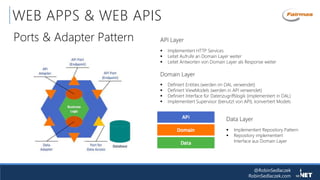 @RobinSedlaczek
RobinSedlaczek.com
WEB APPS & WEB APIS
Ports & Adapter Pattern
Domain Layer
 Definiert Entities (werden im DAL verwendet)
 Definiert ViewModels (werden in API verwendet)
 Definiert Interface für Datenzugriffslogik (implementiert in DAL)
 Implementiert Supervisor (benutzt von API), konvertiert Models
Data Layer
 Implementiert Repository Pattern
 Repository implementiert
Interface aus Domain Layer
API Layer
 Implementiert HTTP Services
 Leitet Aufrufe an Domain Layer weiter
 Leitet Antworten von Domain Layer als Response weiter
 
