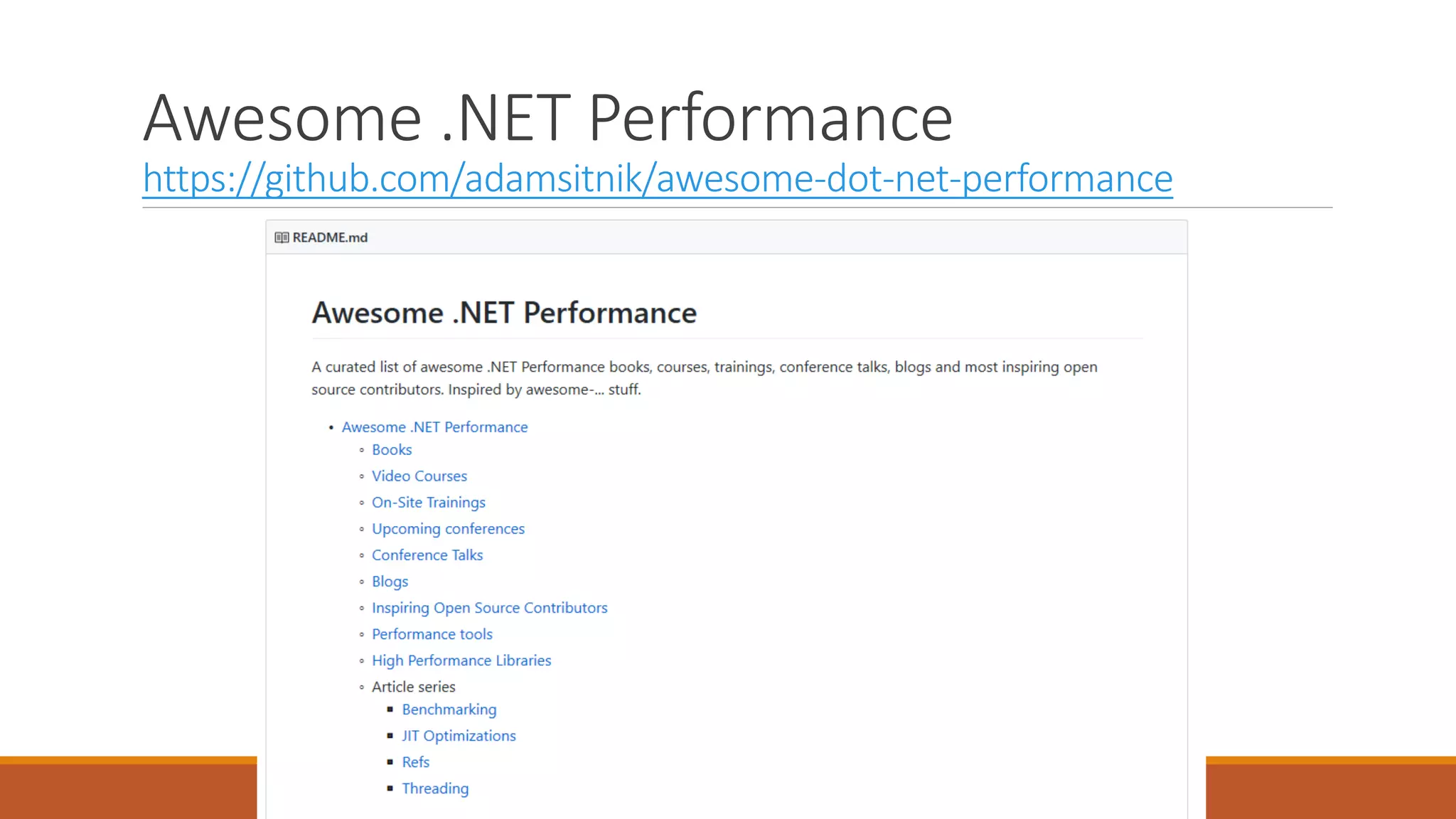 Awesome .NET Performance https://github.com/adamsitnik/awesome-dot-net-performance 