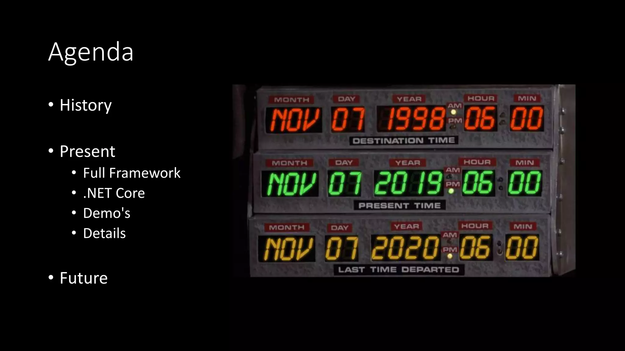 Agenda
• History
• Present
• Full Framework
• .NET Core
• Demo's
• Details
• Future
 