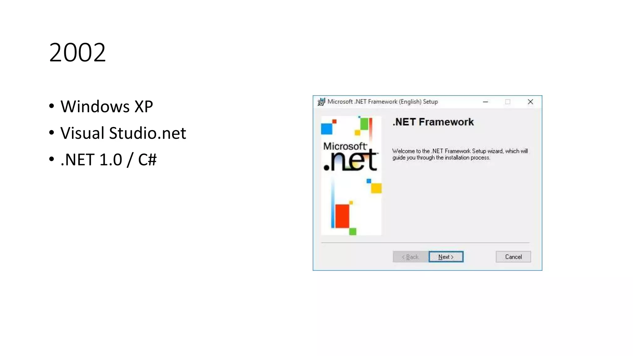 2002
• Windows XP
• Visual Studio.net
• .NET 1.0 / C#
 