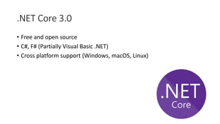 .NET Core 3.0
• Free and open source
• C#, F# (Partially Visual Basic .NET)
• Cross platform support (Windows, macOS, Linux)
 
