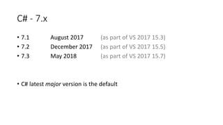 C# - 7.x
• 7.1 August 2017 (as part of VS 2017 15.3)
• 7.2 December 2017 (as part of VS 2017 15.5)
• 7.3 May 2018 (as part of VS 2017 15.7)
• C# latest major version is the default
 