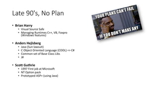 Late 90's, No Plan
• Brian Harry
• Visual Source Safe
• Managing Runtimes C++, VB, Foxpro
(Windows features)
• Anders Hejlsberg
• Java (Sun lawsuit)
• C Object Oriented Language (COOL) => C#
• Common set of Base Class Libs
• J#
• Scott Guthrie
• 1997 First job at Microsoft
• NT Option pack
• Prototyped ASP+ (using Java)
 