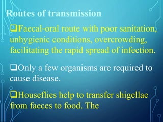 Routes of transmission
Faecal-oral route with poor sanitation,
unhygienic conditions, overcrowding,
facilitating the rapid spread of infection.
Only a few organisms are required to
cause disease.
Houseflies help to transfer shigellae
from faeces to food. The
 