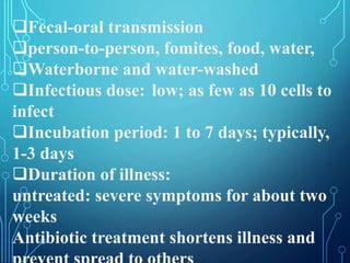 Fecal-oral transmission
person-to-person, fomites, food, water,
Waterborne and water-washed
Infectious dose: low; as few as 10 cells to
infect
Incubation period: 1 to 7 days; typically,
1-3 days
Duration of illness:
untreated: severe symptoms for about two
weeks
Antibiotic treatment shortens illness and
 