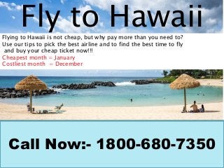Call Now:- 1800-680-7350
Fly to HawaiiFlying to Hawaii is not cheap, but why pay more than you need to?
Use our tips to pick the best airline and to find the best time to fly
and buy your cheap ticket now!!!
Cheapest month = January
Costliest month = December
 