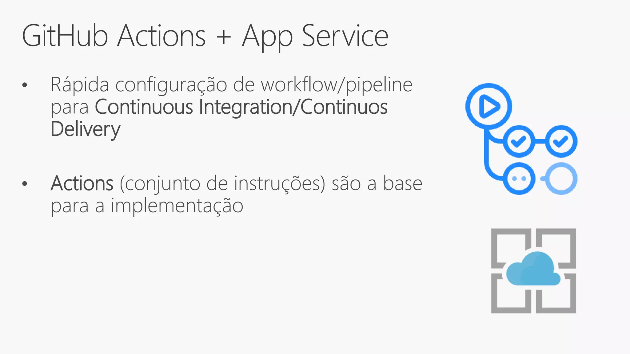 GitHub Actions + App Service
• Rápida configuração de workflow/pipeline
para Continuous Integration/Continuos
Delivery
• Actions (conjunto de instruções) são a base
para a implementação
 