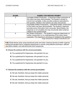 STUDENT’S	
  EDITION	
   PRE-­‐POST	
  ENGLISH	
  TEST	
   9	
  
	
  
SCORE RUBRIC FOR WRITING PROMPT
2 Complete Written Production – A thorough written production of
the notion has been demonstrated. The student’s answer is
correct and complete. It also provides evidence associated to
the question. Details in the reaction are clear and precise.
1 Incomplete Written Productions – Unfinished written construction
of the notion has been demonstrated. The student’s response
provides some information that is accurate. Nevertheless, the
response is not complete and may not provide clear evidence
related to the questions/task.
0 No Written Production – The student’s response determines no
written construction or no understanding of the notion being
assessed. The response is erroneous or isolated to the question.
Image retrieved from: lifestyle.howstuffworks.com
16. Choose the sentence with the correct punctuation.
A. You questioned for forgiveness, she granted it to you.
B. You questioned for forgiveness; she granted it to you.
C. You questioned for forgiveness: she granted it to you.
D. You questioned for forgiveness she granted it to you.
17. Choose the sentence with the correct punctuation.
A. We ask; therefore, that you keep this matter personal.
B. We ask, therefore; that you keep this matter personal.
C. We ask, therefore, that you keep this matter personal.
D. We ask: therefore, that you keep this matter personal.
8.W.3 Write literary texts using transitional words and other cohesive devices to better organize
writing that develop real or imagined experiences or events using effective technique, relevant
descriptive details, and well-structured event sequences.
 