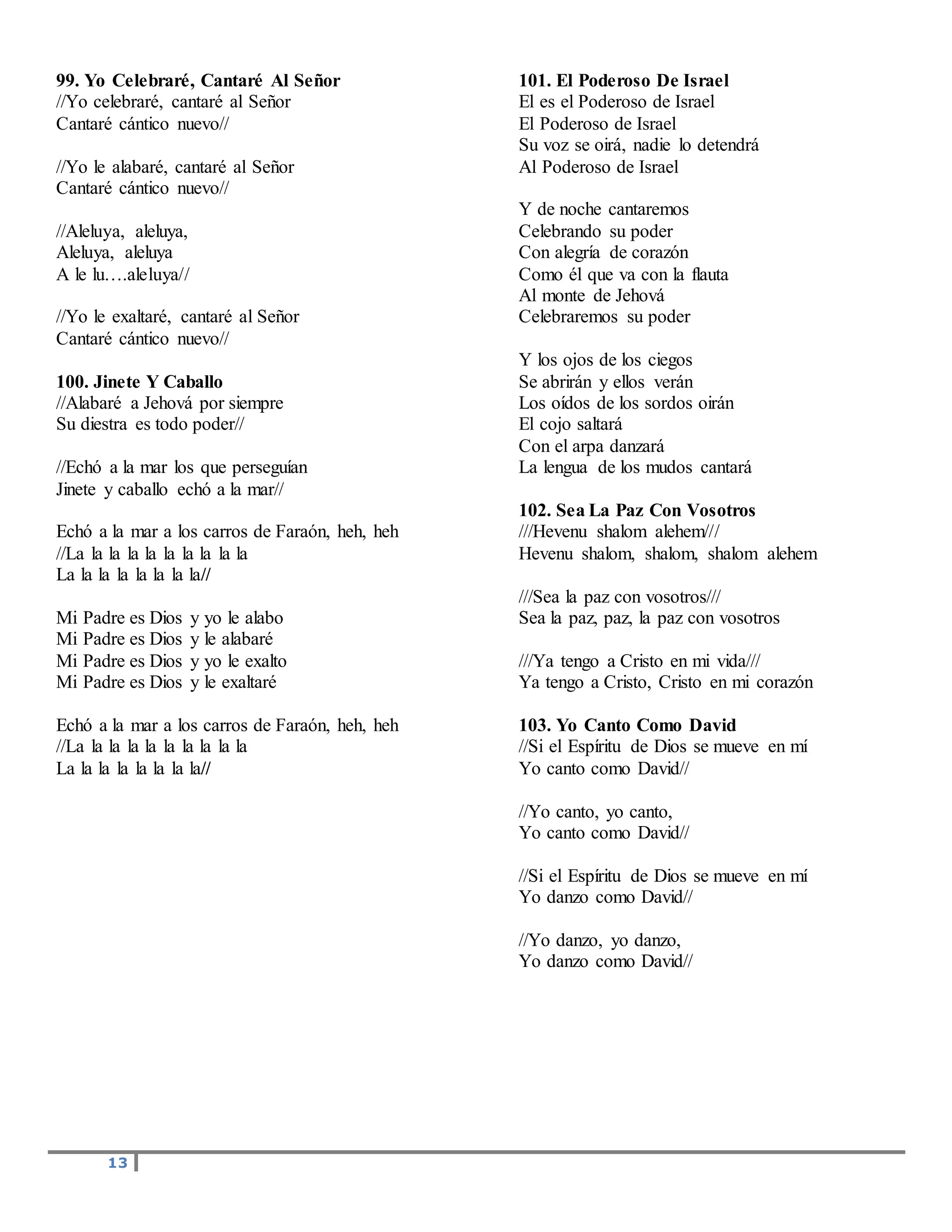 13
99. Yo Celebraré, Cantaré Al Señor
//Yo celebraré, cantaré al Señor
Cantaré cántico nuevo//
//Yo le alabaré, cantaré al Señor
Cantaré cántico nuevo//
//Aleluya, aleluya,
Aleluya, aleluya
A le lu….aleluya//
//Yo le exaltaré, cantaré al Señor
Cantaré cántico nuevo//
100. Jinete Y Caballo
//Alabaré a Jehová por siempre
Su diestra es todo poder//
//Echó a la mar los que perseguían
Jinete y caballo echó a la mar//
Echó a la mar a los carros de Faraón, heh, heh
//La la la la la la la la la la
La la la la la la la la//
Mi Padre es Dios y yo le alabo
Mi Padre es Dios y le alabaré
Mi Padre es Dios y yo le exalto
Mi Padre es Dios y le exaltaré
Echó a la mar a los carros de Faraón, heh, heh
//La la la la la la la la la la
La la la la la la la la//
101. El Poderoso De Israel
El es el Poderoso de Israel
El Poderoso de Israel
Su voz se oirá, nadie lo detendrá
Al Poderoso de Israel
Y de noche cantaremos
Celebrando su poder
Con alegría de corazón
Como él que va con la flauta
Al monte de Jehová
Celebraremos su poder
Y los ojos de los ciegos
Se abrirán y ellos verán
Los oídos de los sordos oirán
El cojo saltará
Con el arpa danzará
La lengua de los mudos cantará
102. Sea La Paz Con Vosotros
///Hevenu shalom alehem///
Hevenu shalom, shalom, shalom alehem
///Sea la paz con vosotros///
Sea la paz, paz, la paz con vosotros
///Ya tengo a Cristo en mi vida///
Ya tengo a Cristo, Cristo en mi corazón
103. Yo Canto Como David
//Si el Espíritu de Dios se mueve en mí
Yo canto como David//
//Yo canto, yo canto,
Yo canto como David//
//Si el Espíritu de Dios se mueve en mí
Yo danzo como David//
//Yo danzo, yo danzo,
Yo danzo como David//
 