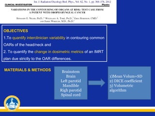 OBJECTIVES
1.To quantify interclinician variability in contouring common
OARs of the head/neck and
2. To quantify the change in dosimetric metrics of an IMRT
plan due strictly to the OAR differences.
MATERIALS & METHODS

Brainstem
Brain
Left parotid
Mandible
Righ parotid
Spinal cord

1)Mean Volum+SD
2) DICE coefficient
3) Volumetric
algorithm

 