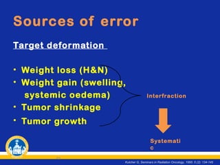 Sources of error
Target deformation
• Weight loss (H&N)
• Weight gain (swelling,
systemic oedema)
• Tumor shrinkage

Interfraction

• Tumor growth
Systemati
c
49
Kutcher G, Seminars in Radiation Oncology, 1995: 5 (2): 134-145

 