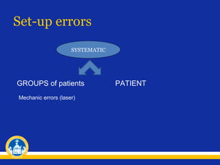 Set-up errors
SYSTEMATIC

GROUPS of patients
Mechanic errors (laser)

PATIENT

 