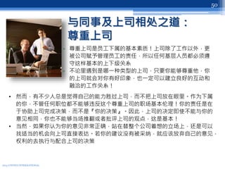 与同事及上司相处之道：
尊重上司
• 尊重上司是员工下属的基本素质！上司除了工作以外，更
被公司赋予管理员工的责任，所以任何基层人员都必须遵
守这样基本的上下级关系
• 不论里遇到是哪一种类型的上司，只要你能够尊重他，你
的上司就会对你有好印象，也一定可以建立良好的互动和
融洽的工作关系！
2013 UNITEX INTERNATIONAL
50
• 然而，有不少人总是觉得自己的能力胜过上司，而不把上司放在眼里。作为下属
的你，不管任何职位都不能够违反这个尊重上司的职场基本伦理！你的责任是在
于协助上司完成决策，而不是『你的决策』。因此，上司的决定即使不能与你的
意见相同，你也不能够当场推翻或者批评上司的观点，这是基本！
• 当然，如果你认为你的意见非常正确，站在替整个公司着想的立场上，还是可以
找适当的机会向上司直接表达。若你的建议没有被采纳，就应该放弃自己的意见，
权利的去执行与配合上司的决策
 