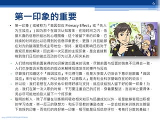 第一印象的重要
• 人们倾向按照前面获得的知识解读后面来的讯息，尽管前面与后面的信息不见得会一致，
人们也多数会采取现在的观点来解释后续发生的事件与反应
• 尽管我们知道这个『首因效应』不见得可靠，但是大多数人仍旧会下意识地跟着『首因
效应』来行动与判断。所以俗语的『以貌取人』是有社会科学基础存在的的说法！
• 所以说，我们若想在人际关系中获得好感与支持，就应该给别人留下好的第一印象！为
此，我们在第一次入职的时候，千万要注重自己的打扮，穿着要整洁，言谈举止要得体，
务必尽可能地给别人留下一个好印象
• 聪明的新人，除了尽量在训练期间吸收相关知识与迅速成长以外，若是能够表现出积极
的学习态度，举一反三的联想力，和乐于受教的谦逊态度，一定会给前来训练的主管留
下良好的印象。而他们的良好第一印象，极可能是日后给你评价，考核打分数的基础！
2013 UNITEX INTERNATIONAL
6
• 第一印象（或被称为『首因效应 Primacy Effect』或『先入
为主效应』）因为那个在首次认知客体，在短时间之内，依
据片面的信息所绘出的心理图像，这个被留下来的印象，它
持续的时间远比以后得到的信息印象更长，更强！并且能够
在对方的脑海里形成主导地位，保持，复现或影响日后对于
客观讯息的解读。因此第一次见面的主观印象，是会直接影
响到我们日后的彼此互动的行为以及人际关系的
 