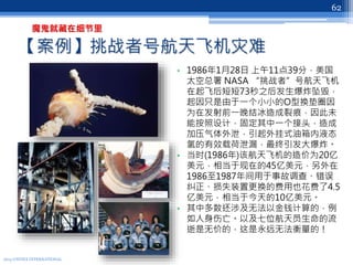【案例】挑战者号航天飞机灾难
• 1986年1月28日 上午11点39分，美国
太空总署 NASA “挑战者”号航天飞机
在起飞后短短73秒之后发生爆炸坠毁，
起因只是由于一个小小的O型换垫圈因
为在发射前一晚结冰造成裂痕，因此未
能按照设计，固定其中一个接头，造成
加压气体外泄，引起外挂式油箱内液态
氢的有效载荷泄漏，最终引发大爆炸。
• 当时(1986年)该航天飞机的造价为20亿
美元，相当于现在的45亿美元，另外在
1986至1987年间用于事故调查、错误
纠正、损失装置更换的费用也花费了4.5
亿美元，相当于今天的10亿美元。
• 其中多数还涉及无法以金钱计算的，例
如人身伤亡。以及七位航天员生命的流
逝是无价的，这是永远无法衡量的！
2013 UNITEX INTERNATIONAL
62
魔鬼就藏在细节里
 