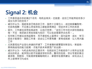 Signal 2: 机会
• 工作是否适合你的第2个讯号，和机会有关。也就是，这份工作能带给你多少
成长与学习的空间？
• 威尔许认为，做起来游刃有余的工作，虽然十分吸引人，成功如探囊取物，
也自有报酬，不论是心灵或荷包上都能获得满足，但这并非工作的本质
• 因为，工作都应该带些挑战性，让自己觉得：「这份工作中的大部份我都会
做。不过，我还缺乏某些技能与知识，可以在这里面学点东西。」
• 任何新工作都应该有延展性，而不是轻松上篮得分。因为延伸、成长、学习，
这些才能吸引、激励工作者，这会让工作更有趣、更有成就感，让人用大脑
工作
• 尤其是现在产业变化快速的环境下，工作者随时都要面对新变化、新趋势，
具有挑战性的能力延展，才能开启未来更宽广的出路。
• 威尔许认为，与机会有关的正面讯号，包括这份工作能给你个人和专业生涯
成长的机会，能学到以前不知道该学的东西；警讯则包括，你以专家的身分
被录取，到职后，可能是那里最聪明的人，都是你在提供建议，却无法从工
作上获得学习与成长
2013 UNITEX INTERNATIONAL
81
 