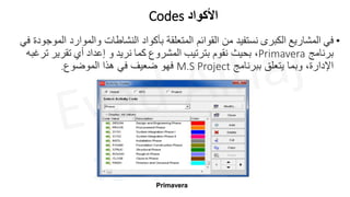 Codes ‫األكواد‬
•
‫في‬
‫المشاريع‬
‫الكبرى‬
‫ا‬ ‫والموارد‬ ‫النشاطات‬ ‫بأكواد‬ ‫المتعلقة‬ ‫القوائم‬ ‫من‬ ‫نستفيد‬
‫في‬ ‫لموجودة‬
‫برنامج‬
Primavera
‫ب‬ ،
‫حيث‬
‫ب‬ ‫نقوم‬
‫ترتيب‬
‫المشروع‬
‫كما‬
‫ن‬
‫ريد‬
‫و‬
‫إعداد‬
‫أي‬
‫تقرير‬
‫ترغبه‬
‫ببرنامج‬ ‫يتعلق‬ ‫وبما‬ ،‫اإلدارة‬
M.S Project
‫الموضوع‬ ‫هذا‬ ‫في‬ ‫ضعيف‬ ‫فهو‬
.
Primavera
 