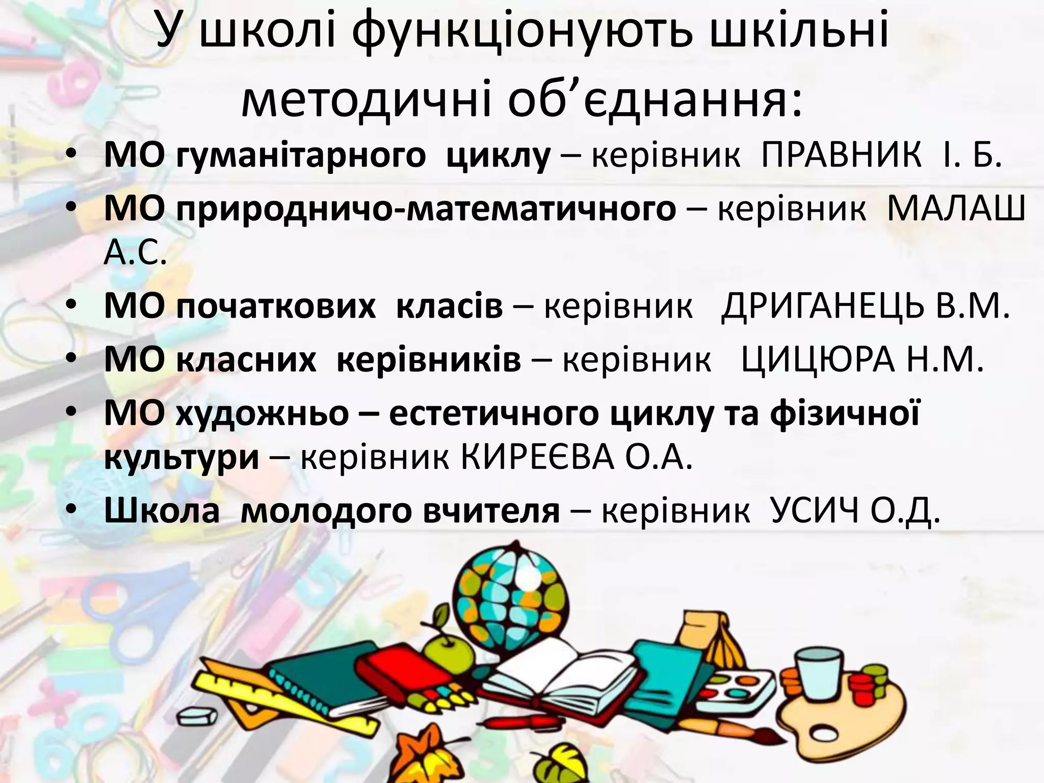 У школі функціонують шкільні
методичні об’єднання:
• МО гуманітарного циклу – керівник ПРАВНИК І. Б.
• МО природничо-математичного – керівник МАЛАШ
А.С.
• МО початкових класів – керівник ДРИГАНЕЦЬ В.М.
• МО класних керівників – керівник ЦИЦЮРА Н.М.
• МО художньо – естетичного циклу та фізичної
культури – керівник КИРЕЄВА О.А.
• Школа молодого вчителя – керівник УСИЧ О.Д.
 