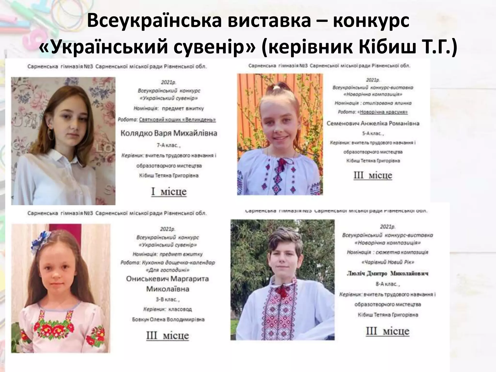 Всеукраїнська виставка – конкурс
«Український сувенір» (керівник Кібиш Т.Г.)
 