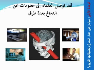 ‫عن‬ ‫معلومات‬ ‫إىل‬ ‫العلماء‬ ‫توصل‬ ‫لقد‬
‫طرق‬ ‫بعدة‬ ‫الدماغ‬
‫األولى‬
‫الوحدة‬
:
‫التربوية‬
‫وتطبيقاتها‬
‫الدماغ‬
‫عمل‬
‫في‬
‫مبادئ‬
 