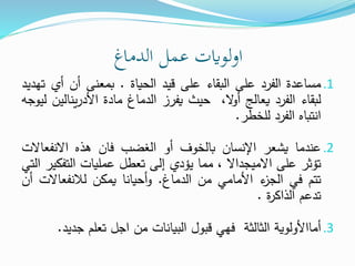 ‫الدماغ‬ ‫عمل‬ ‫لوايت‬‫و‬‫ا‬
.1
‫مساعدة‬
‫الفرد‬
‫على‬
‫البقاء‬
‫على‬
‫قيد‬
‫الحياة‬
.
‫بمعنى‬
‫أن‬
‫أي‬
‫ت‬
‫هديد‬
‫لبقاء‬
‫الفرد‬
‫يعالج‬
،‫ال‬
‫و‬‫أ‬
‫حيث‬
‫يفرز‬
‫الدماغ‬
‫مادة‬
‫ينال‬‫ر‬‫األد‬
‫ين‬
‫ليوجه‬
‫انتباه‬
‫الفرد‬
‫للخطر‬
.
.2
‫عندما‬
‫يشعر‬
‫اإلنسان‬
‫بالخوف‬
‫أو‬
‫الغضب‬
‫فان‬
‫هذه‬
‫االنفعا‬
‫الت‬
‫تؤثر‬
‫على‬
‫االميجداال‬
،
‫مما‬
‫يؤدي‬
‫إلى‬
‫تعطل‬
‫عمليات‬
‫التفك‬
‫ير‬
‫التي‬
‫تتم‬
‫في‬
‫ء‬
‫الجز‬
‫األمامي‬
‫من‬
‫الدماغ‬
.
‫أحيانا‬‫و‬
‫يمكن‬
‫لالنفعاالت‬
‫أن‬
‫تدعم‬
‫ة‬
‫ر‬‫الذاك‬
.
.3
‫أمااألولوية‬
‫الثالثة‬
‫فهي‬
‫قبول‬
‫البيانات‬
‫من‬
‫اجل‬
‫تعلم‬
‫جد‬
‫يد‬
.
 