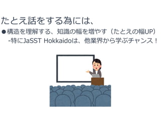 たとえ話をする為には、
●構造を理解する、知識の幅を増やす（たとえの幅UP）
-特にJaSST Hokkaidoは、他業界から学ぶチャンス！
 