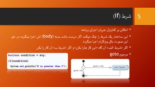 ‫شرط‬
(
if
)
•
‫امکانی‬
‫بر‬
‫کنترول‬
‫جریان‬
‫ای‬‫ر‬‫اج‬
‫برنامه‬
•
‫این‬
‫ساختار‬
‫یک‬
‫شرط‬
‫ا‬‫ر‬
‫چک‬
‫میکند‬
‫اگر‬
‫ست‬‫ر‬‫د‬
‫باشد‬
‫بدنه‬
(
body
)
‫اش‬
‫ا‬‫ر‬‫اج‬
‫میگردد‬
‫در‬
‫غیر‬
‫این‬
‫ت‬‫ر‬‫صو‬
‫باقی‬
‫ام‬‫ر‬‫گ‬‫و‬‫پر‬
‫ا‬‫ر‬‫اج‬
‫میگردد‬
•
‫اگر‬
«
‫شرط‬
‫الف‬
»
‫آن‬
‫گاه‬
«
‫این‬
‫کار‬
‫ا‬‫ر‬‫ها‬
‫بکن‬
»
‫و‬
‫اگر‬
«
‫شرط‬
‫ب‬
»
‫آن‬
‫کار‬
‫ا‬‫ر‬
‫بکن‬
•
‫مرحوم‬
goto
5
 