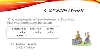 3. ΧΡΟΝΙΚΗ ΑΥΞΗΣΗ
Όταν το ρήμα αρχίζει από φωνήεν γίνονται οι εξής αλλαγές,
όπως στον παρατατικό και στον αόριστο
π.χ. ἀθροίζω→ ἤθροιζον
ὁπλίζω - ὥπλιζον
α και το ε  η αι και ει  ῃ αυ ηυ
ο  ω οι  ῳ ευ  ηυ
ῐ , ῠ → ῑ , ῡ
 