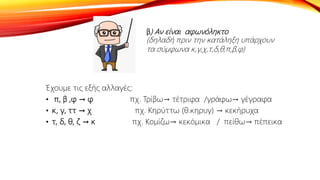 β) Αν είναι αφωνόληκτο
(δηλαδή πριν την κατάληξη υπάρχουν
τα σύμφωνα κ,γ,χ,τ,δ,θ,π,β,φ)
Έχουμε τις εξής αλλαγές:
• π, β ,φ → φ πχ. Τρίβω→ τέτριφα /γράφω→ γέγραφα
• κ, γ, ττ → χ πχ. Κηρύττω (θ.κηρυγ) → κεκήρυχα
• τ, δ, θ, ζ → κ πχ. Κομίζω→ κεκόμικα / πείθω→ πέπεικα
 