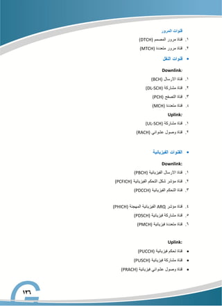 ‫المرور‬ ‫قنوات‬
1
.
‫المصمم‬ ‫مرور‬ ‫قناة‬
(DTCH)
2
.
‫متعددة‬ ‫مرور‬ ‫قناة‬
(MTCH)

Downlink:
1
.
‫ا‬ ‫قناة‬
‫الرسال‬
(BCH)
2
.
‫مشاركة‬ ‫قناة‬
(DL-SCH)
3
.
‫التصفح‬ ‫قناة‬
(PCH)
4
.
‫متعددة‬ ‫قناة‬
(MCH)
Uplink:
1
.
‫مشاركة‬ ‫قناة‬
(UL-SCH)
2
.
‫عشوائي‬ ‫وصول‬ ‫قناة‬
(RACH)

Downlink:
1
.
‫الفيزيائية‬ ‫االرسال‬ ‫قناة‬
(PBCH)
2
.
‫الفيزيائية‬ ‫التحكم‬ ‫شكل‬ ‫مؤشر‬ ‫قناة‬
(PCFICH)
3
.
‫الفيزيائية‬ ‫التحكم‬ ‫قناة‬
(PDCCH)
4
.
‫مؤشر‬ ‫قناة‬
ARQ
‫المهجنة‬ ‫الفيزيائية‬
(PHICH)
5
.
‫فيزيائية‬ ‫مشاركة‬ ‫قناة‬
(PDSCH)
6
.
‫فيزيائية‬ ‫متعددة‬ ‫قناة‬
(PMCH)
Uplink:

‫فيزيائية‬ ‫تحكم‬ ‫قناة‬
(PUCCH)

‫فيزيائية‬ ‫مشاركة‬ ‫قناة‬
(PUSCH)

‫فيزيائية‬ ‫عشوائي‬ ‫وصول‬ ‫قناة‬
(PRACH)
 