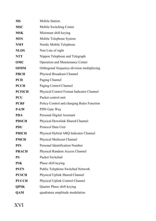 XVI
Mobile Station
MS
Mobile Switching Center
MSC
Minimum shift keying
MSK
Mobile Telephone System
MTS
Nordic Mobile Telephone
NMT
Non Line of sight
NLOS
Nippon Telephone and Telegraph
NTT
Operation and Maintenance Center
OMC
Orthogonal frequency-division multiplexing
OFDM
Physical Broadcast Channel
PBCH
Paging Channel
PCH
Paging Control Channel
PCCH
Physical Control Format Indicator Channel
PCFICH
Packet control unit
PCU
Policy Control and charging Rules Function
PCRF
PDN Gate Way
P-GW
Personal Digital Assistant
PDA
Physical Downlink Shared Channel
PDSCH
Protocol Data Unit
PDU
Physical Hybrid ARQ Indicator Channel
PHICH
Physical Multicast Channel
PMCH
Personal Identification Number
PIN
Physical Random Access Channel
PRACH
Packet Switched
PS
Phase shift keying
PSK
Public Telephone Switched Network
PSTN
Physical Uplink Shared Channel
PUSCH
Physical Uplink Control Channel
PUCCH
Quarter Phase shift keying
QPSK
quadrature amplitude modulation
QAM
 
