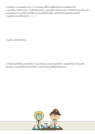 8.2 ลูกที่เกิดจากการผสมพันธุ์ระหว่างรุ่น F1 กับกระต่ายขนยาวสีน้ำตาล มีฟีโนไทป์อะไรบ้างและเป็นสัดส่วนเท่าใด
9. แมลงหวี่ปีกยาวเป็นลักษณะเด่น (L) ปีกสั้นเป็นลักษณะด้อย (l) และลำตัวสีเทาเป็นลักษณะเด่น (G) ล้าตัวสีดำเป็นลักษณะด้อย (g) ใน
การผสมพันธุ์ระหว่างแมลงหวี่ปีกยาวลำตัวสีเทาและแมลงหวี่ปีกสั้นล้าตัวสีดำ จงหาจีโนไทป์ของรุ่นพ่อแม่ในกรณีต่อไปนี้
9.1 ลูกมีอัตราส่วนของฟีโนไทป์เท่ากับ 1 : 1 : 1 : 1
9.2 ลูกปีกยาวลำตัวสีเทาทั้งหมด
10. ในคนลักษณะนิ้วมือสั้น และเชิงผมที่หน้าผากแหลมเป็นลักษณะเด่นและลักษณะนิ้วมือยาว และเชิงผมที่หน้าผากไม่แหลมเป็น
ลักษณะด้อย ถ้าพ่อแม่มีจีโนไทป์เป็นเฮเทอโรไซกัส จงหาอัตราส่วนของลูกที่มีฟีโนไทป์เหมือนพ่อแม่
 