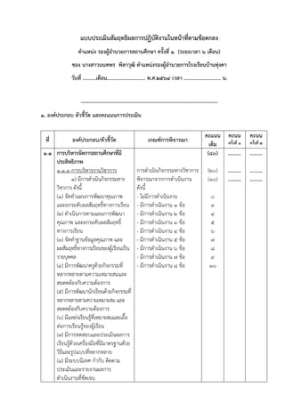 แบบประเมินสัมฤทธิผลการปฏิบัติงานในหน้าที่ตามข้อตกลง
ตำแหน่ง รองผู้อำนวยการสถานศึกษา ครั้งที่ ๑ (ระยะเวลา ๖ เดือน)
ของ นางสาวนนทพร พิลาวุฒิ ตำแหน่งรองผู้อำนวยการโรงเรียนบ้านทุ่งคา
วันที่ ..........เดือน............................. พ.ศ.๒๕๖๔ เวลา ............................ น.
-------------------------------------------------------------------------------
๑. องค์ประกอบ ตัวชี้วัด และคะแนนการประเมิน
ที่ องค์ประกอบ/ตัวชี้วัด เกณฑ์การพิจารณา
คะแนน
เต็ม
คะนน
ครั้งที่ ๑
คะนน
ครั้งที่ ๒
๑.๑ การบริหารจัดการสถานศึกษาที่มี
ประสิทธิภาพ
๑.๑.๑ การบริหารงานวิชาการ
๑) มีการดำเนินกิจกรรมทาง
วิชาการ ดังนี้
(๑) จัดทำแผนการพัฒนาคุณภาพ
และยกระดับผลสัมฤทธิ์ทางการเรียน
(๒) ดำเนินการตามแผนการพัฒนา
คุณภาพ และยกระดับผลสัมฤทธิ์
ทางการเรียน
(๓) จัดทำฐานข้อมูลคุณภาพ และ
ผลสัมฤทธิ์ทางการเรียนของผู้เรียนเป็น
รายบุคคล
(๔) มีการพัฒนาครูด้วยกิจกรรมที่
หลากหลายตามความเหมาะสมและ
สอดคล้องกับความต้องการ
(๕) มีการพัฒนานักเรียนด้วยกิจกรรมที่
หลากหลายตามความเหมาะสม และ
สอดคล้องกับความต้องการ
(๖) มีแหล่งเรียนรู้ที่เหมาะสมและเอื้อ
ต่อการเรียนรู้ของผู้เรียน
(๗) มีการทดสอบและประเมินผลการ
เรียนรู้ด้วยเครื่องมือที่มีมาตรฐานด้วย
วิธีและรูปแบบที่หลากหลาย
(๘) มีระบบนิเทศ กำกับ ติดตาม
ประเมินและรายงานผลการ
ดำเนินงานที่ชัดเจน
การดำเนินกิจกรรมทางวิชาการ
พิจารณาจากการดำเนินงาน
ดังนี้
- ไม่มีการดำเนินงาน
- มีการดำเนินงาน ๑ ข้อ
- มีการดำเนินงาน ๒ ข้อ
- มีการดำเนินงาน ๓ ข้อ
- มีการดำเนินงาน ๔ ข้อ
- มีการดำเนินงาน ๕ ข้อ
- มีการดำเนินงาน ๖ ข้อ
- มีการดำเนินงาน ๗ ข้อ
- มีการดำเนินงาน ๘ ข้อ
(๘๐)
(๒๐)
(๑๐)
๐
๓
๔
๕
๖
๗
๘
๙
๑๐
……….
……….
……….
……….
……….
……….
 