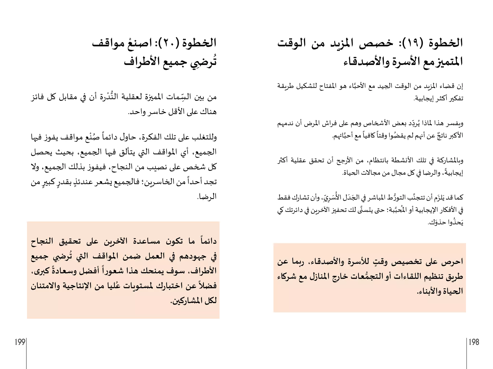 199 198
‫الوقت‬ ‫من‬ ‫املزيد‬ ‫خصص‬ :)19( ‫الخطوة‬
‫واألصدقاء‬ ‫األسرة‬ ‫مع‬‫املتميز‬
‫ـة‬‫ق‬‫طري‬ ‫لتشكيل‬ ‫املفتاح‬ ‫هو‬ ‫اء‬َّ‫األحب‬ ‫مع‬ ‫الجيد‬ ‫الوقت‬ ‫من‬ ‫املزيد‬ ‫قضاء‬ ‫إن‬
.‫إيجابية‬ ‫ـر‬‫ث‬‫أك‬ ‫تفكير‬
‫ندمهم‬ ‫أن‬ ‫املرض‬ ‫اش‬‫ر‬‫ف‬ ‫على‬ ‫وهم‬ ‫األشخاص‬ ‫بعض‬ ‫د‬ ِ
ّ‫رد‬ُ‫ي‬ ‫ملاذا‬ ‫هذا‬ ‫ويفسر‬
.‫ائهم‬َّ‫أحب‬ ‫مع‬
ً
‫كافيا‬
ً
‫وقتا‬ ‫وا‬ُ‫يقض‬ ‫لم‬ ‫أنهم‬ ‫عن‬ ٌ‫ناتج‬ ‫األكبر‬
‫أكثر‬ ‫عقلية‬ ‫تحقق‬ ‫أن‬ ‫جح‬‫ر‬‫األ‬ ‫من‬ ،‫بانتظام‬ ‫األنشطة‬ ‫تلك‬ ‫في‬ ‫وباملشاركة‬
.‫الحياة‬ ‫مجاالت‬ ‫من‬ ‫مجال‬ ‫كل‬ ‫في‬ ‫والرضا‬ ،
ً
‫إيجابية‬
‫فقط‬‫ك‬‫ر‬‫تشا‬‫وأن‬،ِ
ّ‫ي‬ِ‫ر‬ َ
‫س‬
ُ
‫األ‬‫ل‬ َ‫د‬ َ‫الج‬‫في‬‫املباشر‬‫ط‬ ُّ‫التور‬‫ب‬َّ‫تتجن‬‫أن‬‫م‬َ‫لز‬َ‫ي‬‫قد‬‫كما‬
‫كي‬ ‫دائرتك‬ ‫في‬ ‫اآلخرين‬‫تحفيز‬ ‫لك‬ ‫ى‬َّ‫يتسن‬‫حتى‬ ‫بة؛‬َّ‫حب‬
ُ
‫امل‬ ‫أو‬ ‫اإليجابية‬ ‫األفكار‬‫في‬
.‫ك‬َ
‫حذو‬ ‫وا‬
ُ
‫حذ‬َ‫ي‬
‫عن‬ ‫بما‬‫ر‬ ،‫واألصدقاء‬ ‫لألسرة‬ ٍ
‫وقت‬ ‫تخصيص‬ ‫على‬ ‫احرص‬
‫شركاء‬ ‫مع‬ ‫ل‬‫املناز‬ ‫خارج‬ ‫عات‬ ُّ‫التجم‬‫أو‬ ‫اللقاءات‬ ‫تنظيم‬ ‫طريق‬
.‫واألبناء‬ ‫الحياة‬
‫مواقف‬ ْ‫اصنع‬ :)20( ‫الخطوة‬
‫األطراف‬ ‫جميع‬ ‫ي‬ ِ‫ر�ش‬
ُ
‫ت‬
‫فائز‬ ‫كل‬ ‫مقابل‬ ‫في‬ ‫أن‬ ‫ة‬‫ر‬
ْ‫د‬ُّ‫الن‬ ‫لعقلية‬ ‫املميزة‬ ‫مات‬ ِ
ّ
‫الس‬ ‫بين‬ ‫من‬
.‫واحد‬ ‫خاسر‬ ‫األقل‬ ‫على‬ ‫هناك‬
‫فيها‬ ‫ز‬‫يفو‬ ‫مواقف‬ ‫ع‬ْ‫ن‬ُ‫ص‬
ً
‫دائما‬ ‫ل‬‫حاو‬ ،‫الفكرة‬ ‫تلك‬ ‫على‬ ‫وللتغلب‬
‫يحصل‬ ‫بحيث‬ ،‫الجميع‬ ‫فيها‬ ‫يتألق‬ ‫التي‬ ‫املواقف‬ ‫أي‬ ،‫الجميع‬
‫وال‬ ،‫الجميع‬ ‫بذلك‬ ‫ز‬‫فيفو‬ ،‫النجاح‬ ‫من‬ ‫نصيب‬ ‫على‬ ‫شخص‬ ‫كل‬
‫من‬ ٍ‫كبير‬ ٍ‫بقدر‬ ٍ‫عندئذ‬‫يشعر‬‫فالجميع‬‫الخاسرين؛‬‫من‬
ً
‫أحدا‬‫تجد‬
.‫الرضا‬
‫النجاح‬ ‫تحقيق‬ ‫على‬ ‫اآلخرين‬ ‫مساعدة‬ ‫ن‬‫تكو‬ ‫ما‬
ً
‫دائما‬
‫جميع‬ ‫ي‬ ِ‫ر�ش‬
ُ
‫ت‬ ‫التي‬ ‫املواقف‬ ‫ضمن‬ ‫العمل‬ ‫في‬ ‫جهودهم‬ ‫في‬
،‫ى‬‫كبر‬
ً
‫وسعادة‬ ‫أفضل‬
ً
‫ا‬‫ر‬‫شعو‬ ‫هذا‬ ‫يمنحك‬ ‫سوف‬ ،‫األطراف‬
‫واالمتنان‬ ‫اإلنتاجية‬ ‫من‬ ‫ليا‬ُ‫ع‬ ‫ملستويات‬ ‫ك‬‫ر‬‫اختبا‬ ‫عن‬
ً
‫فضال‬
.‫املشاركين‬ ‫لكل‬
 