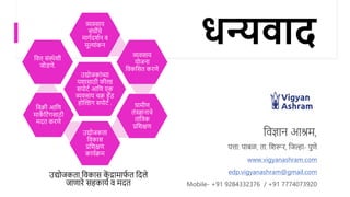 धन्यवाद
उद्योजकता विकास क
ें द्रामार्
फ त विले
जाणारे सहकार्फ ि मित
www.vigyanashram.com
edp.vigyanashram@gmail.com
उद्योजकाांच्या
र्शासाठी र्ील्ड
सपोर्फ आवण एक
व्यिसार् चक्र हँड
होल्ल्डांग सपोर्फ .
व्यिसार्
सांधीांचे
मागफिशफन ि
मूल्ाांकन
व्यिसार्
र्ोजना
विकवसत करणे
ग्रामीण
तांत्रज्ञानाचे
ताांवत्रक
प्रवशक्षण
उद्योजकता
विकास
प्रवशक्षण
कार्फक्रम
विक्री आवण
माक
े वर्ांगसाठी
मित करणे
वित्त सांस्थेशी
जोडणे.
 