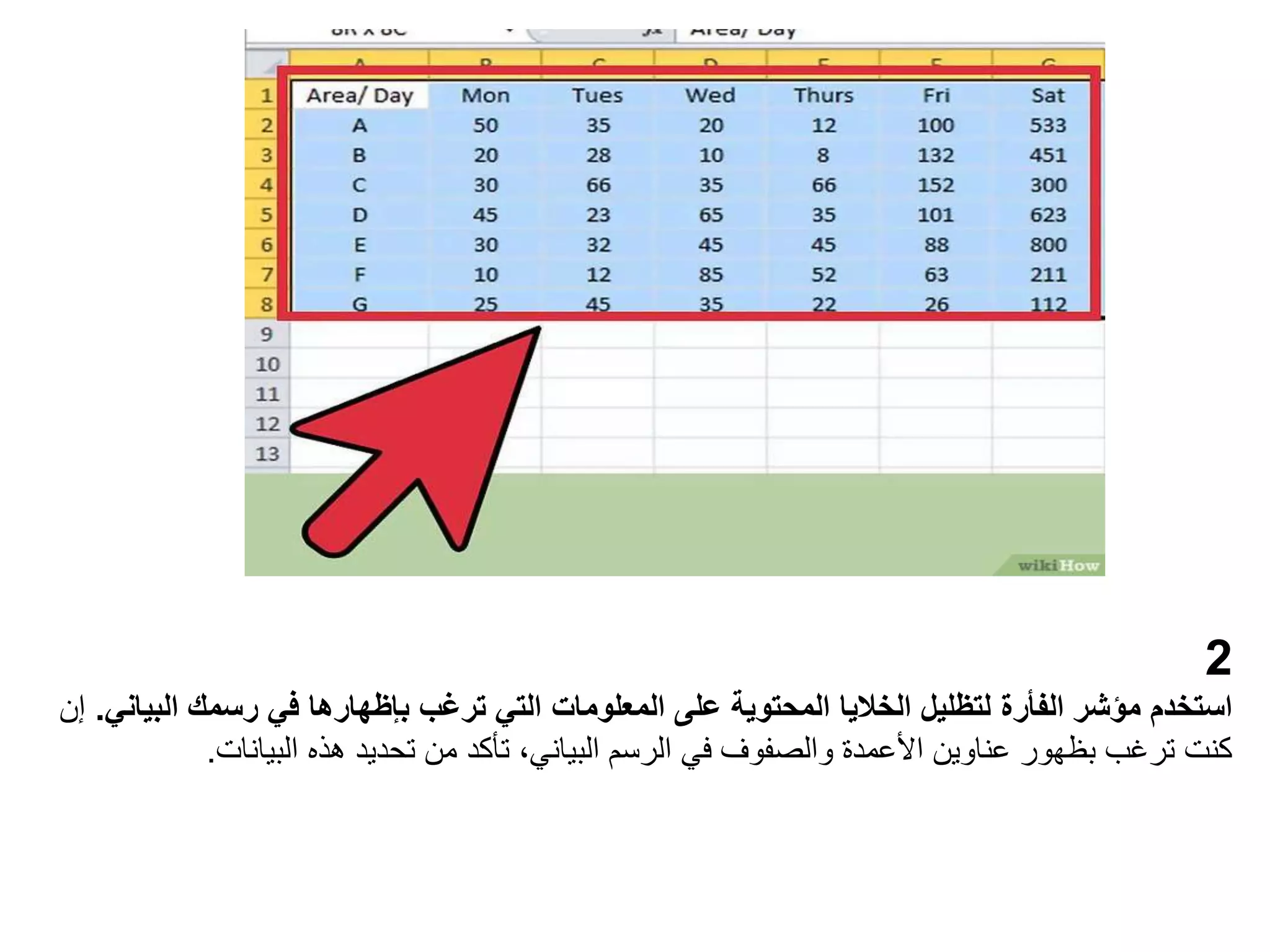 2
‫الب‬ ‫رسمك‬ ‫في‬ ‫بإظهارها‬ ‫ترغب‬ ‫التي‬ ‫المعلومات‬ ‫على‬ ‫المحتوية‬ ‫الخاليا‬ ‫لتظليل‬ ‫الفأرة‬ ‫مؤشر‬ ‫استخدم‬
‫ياني‬
.
‫إن‬
‫البيانات‬ ‫هذه‬ ‫تحديد‬ ‫من‬ ‫تأكد‬ ،‫البياني‬ ‫الرسم‬ ‫في‬ ‫والصفوف‬ ‫األعمدة‬ ‫عناوين‬ ‫بظهور‬ ‫ترغب‬ ‫كنت‬
.
 