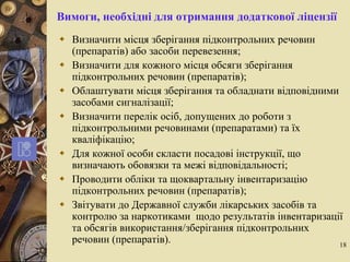 18
Вимоги, необхідні для отримання додаткової ліцензії
 Визначити місця зберігання підконтрольних речовин
(препаратів) або засоби перевезення;
 Визначити для кожного місця обсяги зберігання
підконтрольних речовин (препаратів);
 Облаштувати місця зберігання та обладнати відповідними
засобами сигналізації;
 Визначити перелік осіб, допущених до роботи з
підконтрольними речовинами (препаратами) та їх
кваліфікацію;
 Для кожної особи скласти посадові інструкції, що
визначають обовязки та межі відповідальності;
 Проводити обліки та щоквартальну інвентаризацію
підконтрольних речовин (препаратів);
 Звітувати до Державної служби лікарських засобів та
контролю за наркотиками щодо результатів інвентаризації
та обсягів використання/зберігання підконтрольних
речовин (препаратів).
 