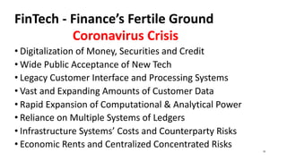FinTech - Finance’s Fertile Ground
Coronavirus Crisis
• Digitalization of Money, Securities and Credit
• Wide Public Acceptance of New Tech
• Legacy Customer Interface and Processing Systems
• Vast and Expanding Amounts of Customer Data
• Rapid Expansion of Computational & Analytical Power
• Reliance on Multiple Systems of Ledgers
• Infrastructure Systems’ Costs and Counterparty Risks
• Economic Rents and Centralized Concentrated Risks
10
 