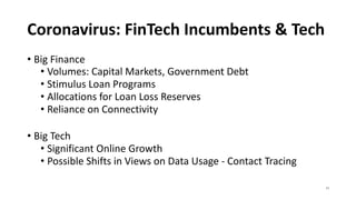 Coronavirus: FinTech Incumbents & Tech
• Big Finance
• Volumes: Capital Markets, Government Debt
• Stimulus Loan Programs
• Allocations for Loan Loss Reserves
• Reliance on Connectivity
• Big Tech
• Significant Online Growth
• Possible Shifts in Views on Data Usage - Contact Tracing
11
 