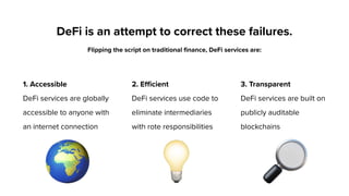 3. Transparent
DeFi services are built on
publicly auditable
blockchains
2. Efficient
DeFi services use code to
eliminate intermediaries
with rote responsibilities
1. Accessible
DeFi services are globally
accessible to anyone with
an internet connection
DeFi is an attempt to correct these failures.
Flipping the script on traditional finance, DeFi services are:
 