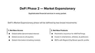1. Net-New Access
● Global dollar-denominated interest
● Global access to all equities
● Global information & betting markets
Sophisticated financial services in every pocket.
DeFi’s Market Expansionary phase will be defined by two broad movements:
DeFi Phase 2 — Market Expansionary
2. Net-New Products
● Parametric insurance for #AllTheThings
● Invest in entertainers, athletes, & politicians
● REITs with Region/City/Street specific profile
 