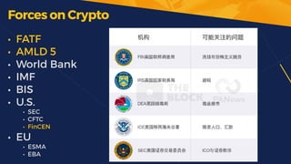 Forces on Crypto
• FATF


• AMLD 5


• World Bank


• IMF


• BIS


• U.S.


• SEC


• CFTC


• FinCEN


• EU


• ESMA


• EBA
 